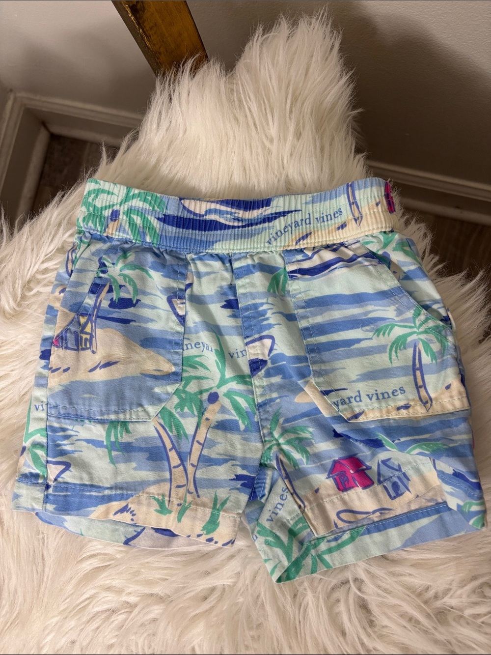 Vineyard Vines Tropical Palm-Print Kids Shorts in Blue and Green Size 6-9M